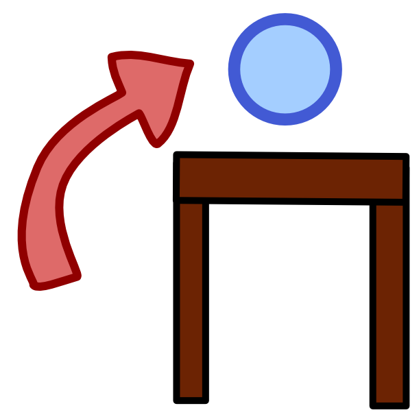 A blue ball sits above a table, a pinkish arrow points to it.